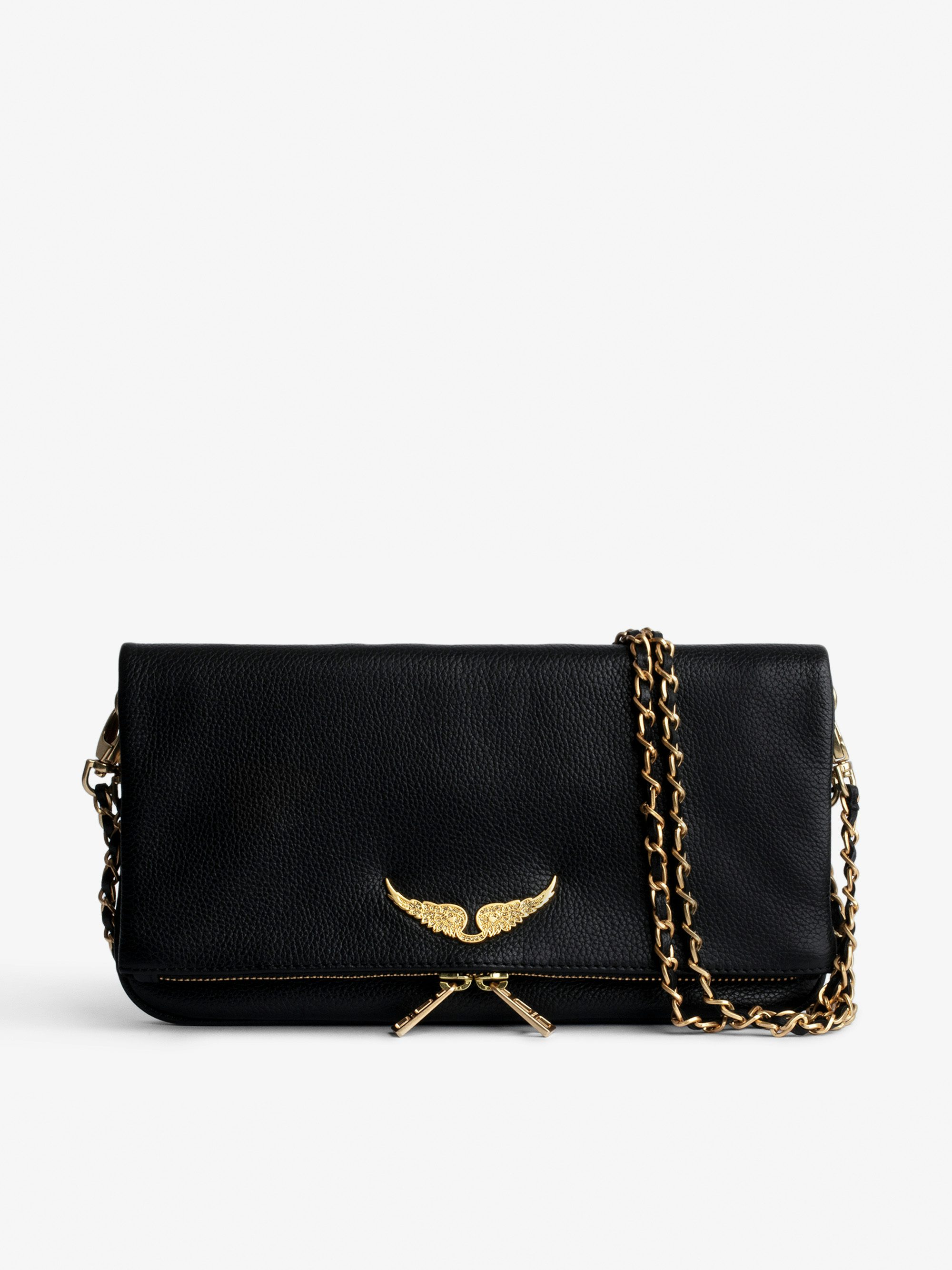 Rock Clutch - Grained leather clutch with double leather and metal chains and rhinestone-adorned wings.